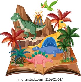 Libro abierto con dinosaurio en ilustración forestal prehistórica