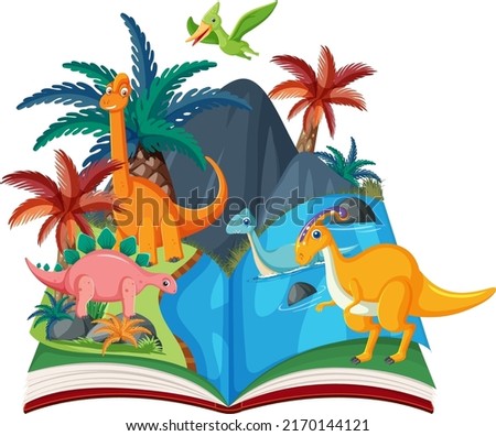 Opened book with dinosaur in prehistoric forest illustration