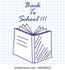 Opened book. Doodle sketch on checkered paper background. Vector illustration.