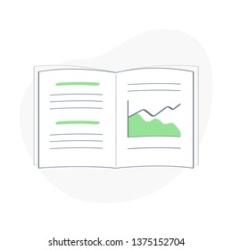 Opened book, exercise book, research report or notebook with graphs, charts, notes, data. Education or forecast, financial concept icon, flat outline vector concept on white background.