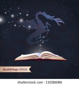 Opened book with fire-breathing dragon in magic glow