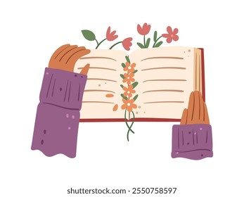 Libro abierto con flores en flor o herbario. Manos aisladas del Vector que sostienen el libro de texto con las páginas, la historia de la lectura o la novela de ficción. Hobby y ocio, mujer con decoración de botánica de flores silvestres en papel