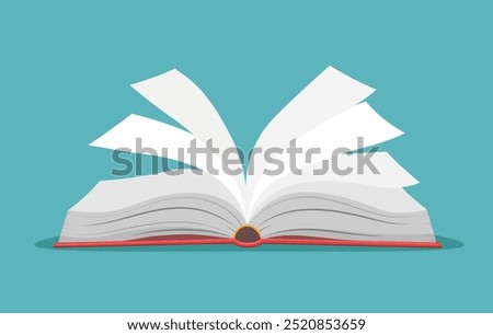 Opened book with fluttering pages. Books leaf through isolated cartoon vector illustration