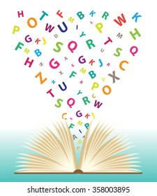 Opened book with flying letters, Vector idea concept