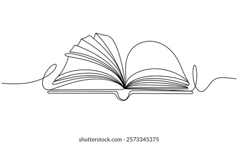 Opened book with flying page in one continuous line drawing. Education study and knowledge library concept in simple linear style, hand drawn book in one line style drawing minimalism decorative art