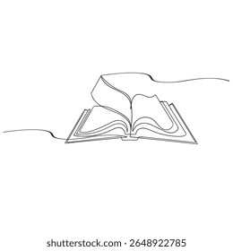 Libro abierto con página voladora en un dibujo de línea continua. Estudio de Educación y concepto de Biblioteca de conocimiento en estilo lineal simple. Trazo editable. Ilustración vectorial Doodle