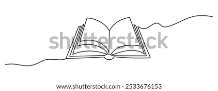 Opened book with flying page in one continuous line drawing. Education study and knowledge library concept in simple linear style. Editable stroke. Doodle outline vector illustration
