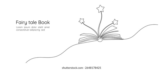 Opened book with flying page and stars in one continuous line drawing. Magic of reading and children library concept in simple linear style. Editable stroke. Doodle oneline vector illustration