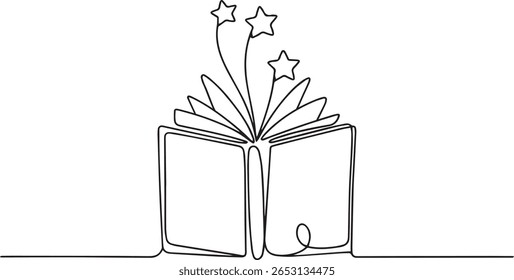 Opened book with flying page and stars in one continuous line drawing, symbolizing magic of reading

