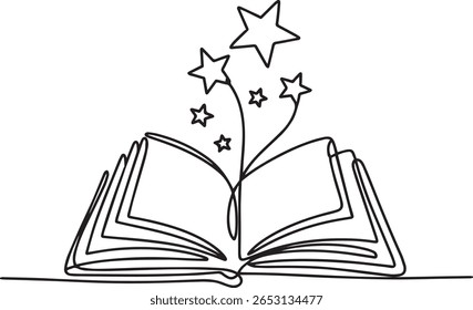 Opened book with flying page and stars in one continuous line drawing, symbolizing magic of reading

