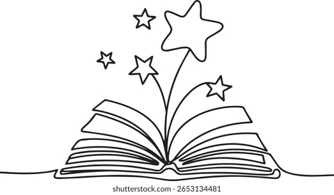 Opened book with flying page and stars in one continuous line drawing, symbolizing magic of reading

