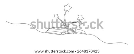 Opened book with flying page and stars in one continuous line drawing. Magic of reading and children library concept in simple linear style. Editable stroke. Doodle monoline vector illustration