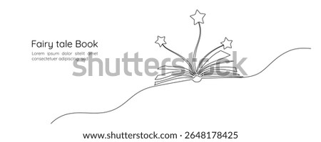 Opened book with flying page and stars in one continuous line drawing. Magic of reading and children library concept in simple linear style. Editable stroke. Doodle oneline vector illustration
