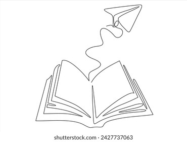 Opened book and flying paper plane continuous one line drawing. Hand drawn line art vector illustration, Creative strategy and education innovation, Minimalist simple contour design.