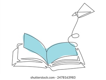 Opened book and flying paper plane continuous one line drawing. Hand drawn line art vector illustration, Creative strategy and education innovation, Minimalist simple contour design.