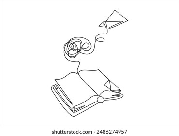 Opened book and flying paper plane continuous one line drawing. Hand drawn line art vector illustration, Creative strategy and education innovation