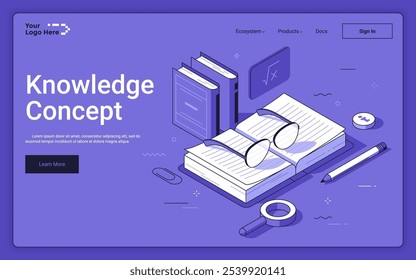 Opened book with glasses, magnifier and pencil on purple background. Knowledge concept isometric landing page template. Learning information 3d vector illustration for web page