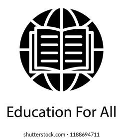 Opened book with globe in background, education for all icon 