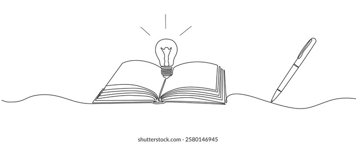 Opened book with glowing light bulb in one continuous line.  Symbol of education, reading and writing in one line style .Vector editable illustration