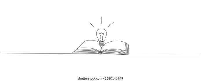 Opened book with glowing light bulb and pen in one continuous line.  Symbol of education, reading and writing in one line style .Vector editable illustration