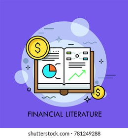 Opened book with graphs, diagrams and dollar coins. Concept of financial literature, economical studies and statistical data, scholarly publication. Modern vector illustration for banner, poster.