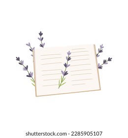 Opened book with hand drawn lavender flowers. Vector illustration. Simple flat style.