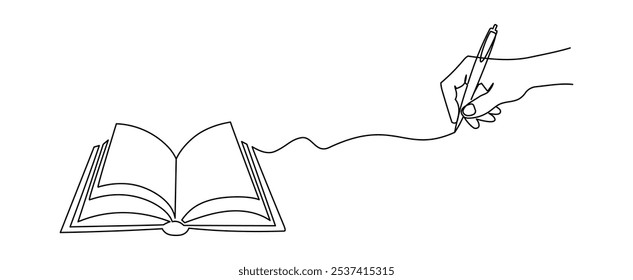 Livro aberto com mão e caneta em um desenho de linha contínua. Estudo de educação e conceito de biblioteca de conhecimento em estilo linear simples. Traçado editável. Ilustração de vetor de rabiscar