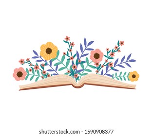 Opened Book in Hard Cover With Floral Compositions Peeped Out From it Vector Illustration