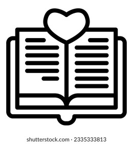 Opened book with heart line icon, valentine day concept, love story sign on white background, love of reading icon in outline style for mobile concept and web design. Vector graphics