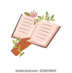 Libro abierto con herbario o flores en flor. Vector lector aislado con diario o diario, leyendo y disfrutando de cuento o novela. Páginas de decoración de ramos de género romántico, ficción y botánica