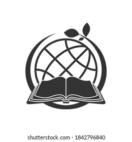 opened book icon with eco world shape logo concept