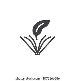 Opened book with ink feather vector icon. filled flat sign for mobile concept and web design. Book write simple solid icon. Copyright symbol, logo illustration. Pixel perfect vector graphics