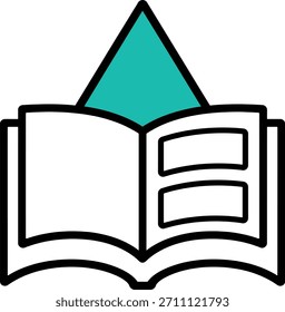 Opened book for islamic studies with a teal triangle top symbol. Icon for muslim pray and qibla direction guidance. Transparent background.