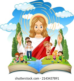 Opened book with Jesus Christ and people  illustration