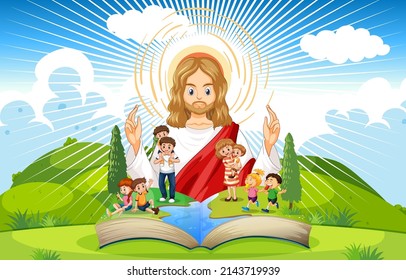 Opened book with Jesus Christ and people  illustration