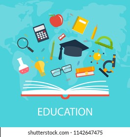 Opened book of knowledge with school and science objects, vector illustration. Education background