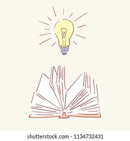 Opened book lamp ideal lightbulb hand drawn style vector doodle design illustrations