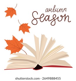 Opened book with leaves and lettering. Autumn season. Vector drawing in the cartoon style.	