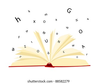 Opened book and letters on a white background