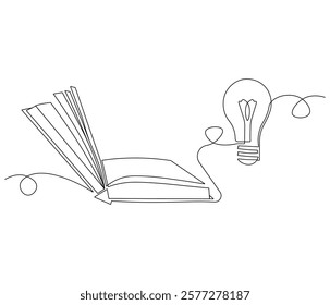 Opened book with light bulb in one continuous line drawing. Symbol of idea for business or schedule. Light bulb and book in simple linear style. Editable stroke. Doodle line illustration
