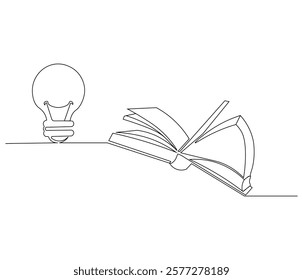 Opened book with light bulb in one continuous line drawing. Symbol of idea for business or schedule. Light bulb and book in simple linear style. Editable stroke. Doodle line illustration