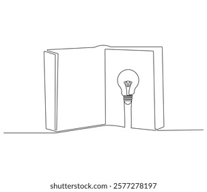 Opened book with light bulb in one continuous line drawing. Symbol of idea for business or schedule. Light bulb and book in simple linear style. Editable stroke. Doodle line illustration