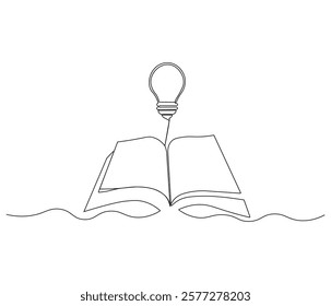 Opened book with light bulb in one continuous line drawing. Symbol of idea for business or schedule. Light bulb and book in simple linear style. Editable stroke. Doodle line illustration
