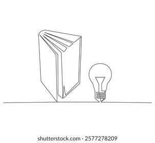 Opened book with light bulb in one continuous line drawing. Symbol of idea for business or schedule. Light bulb and book in simple linear style. Editable stroke. Doodle line illustration