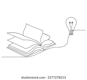 Opened book with light bulb in one continuous line drawing. Symbol of idea for business or schedule. Light bulb and book in simple linear style. Editable stroke. Doodle line illustration