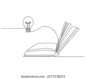 Opened book with light bulb in one continuous line drawing. Symbol of idea for business or schedule. Light bulb and book in simple linear style. Editable stroke. Doodle line illustration