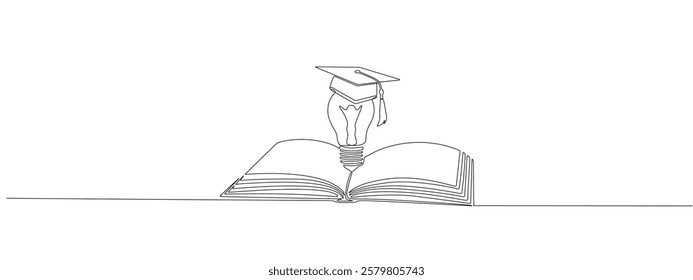 Opened book with light bulb and student's hat in one continuous line.  Symbol of education, graduate , learning intelligence in one line style .Vector editable illustration