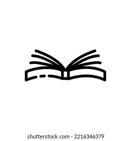 Icono de línea de libro abierto. Lectura, literatura, biblioteca, athenaeum, atheneum, papel, audiolibro. Concepto de educación. Icono de línea negra del vector en fondo blanco