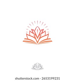 Opened book with linear Lotus and letter V logo design flat style. Vector illustration