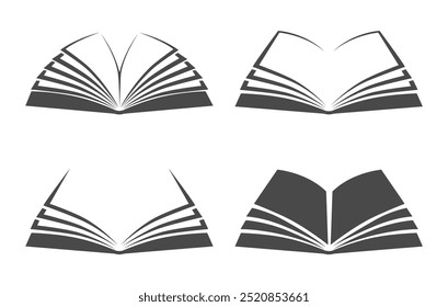 Opened book logo set. Monochrome books with fluttering pages isolated vector illustration